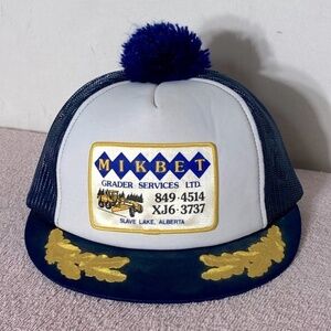 Vintage Mikbet Grader Services Navy Blue Mesh Back Trucker Hat W Pom Pom
